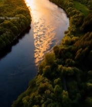  航拍河流与森林日落景象3273#竖屏 	 