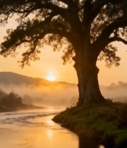  河畔大树日出自然风光4987#竖屏 	 