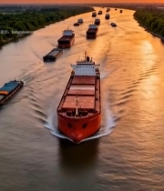  河流货船日落航拍素材5275#竖屏 	 