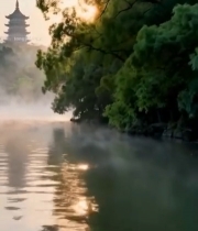  杭州西湖雷峰塔湖边晨景3015#竖屏 	 