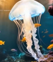  海洋水母与彩色小鱼游动画面2979#竖屏 	 