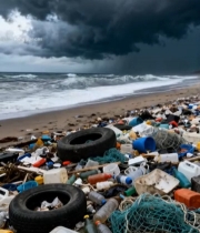  海滩上堆积的各类垃圾3457#竖屏 	 