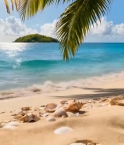  海滩棕榈树与海中小岛素材6507#竖屏 	 