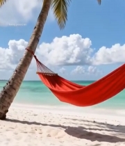  海滩椰树下的红色吊床379#竖屏 	 