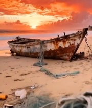  海滩日落时的破旧渔船与垃圾4770#竖屏 	 