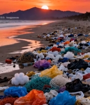  海滩日落时的海洋垃圾景象4574#竖屏 	 