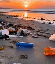  海滩日落时分的垃圾景象5288#竖屏 	 