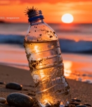  海滩日落时分的塑料瓶特写2212#竖屏 	 