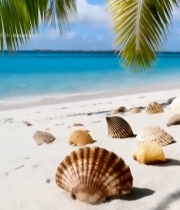  海滩贝壳与远处帆船风景素材6897#竖屏 	 