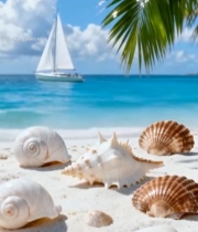  海滩贝壳与远处帆船风景311#竖屏 	 