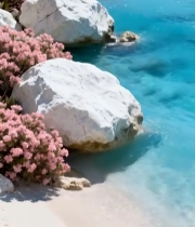  海滩白色岩石与粉色花丛海景24#竖屏 	 