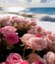  海滩边盛开的粉色花卉与海浪6568#竖屏 	 