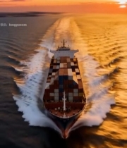  海上集装箱货轮日落航行景象6260#竖屏 	 