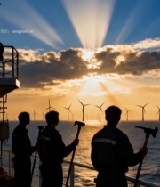  海面上船员远望风力发电场6062#竖屏 	 