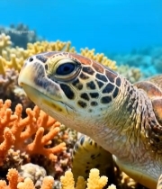  海龟于珊瑚礁旁的海底景象4057#竖屏 	 