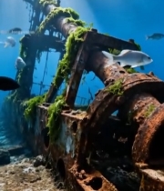  海底锈蚀机械结构与鱼群素材6184#竖屏 	 