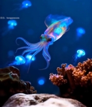  海底乌贼与水母游动画面4239#竖屏 	 