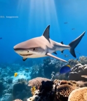  海底鲨鱼与彩色鱼群画面7731#竖屏 	 
