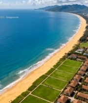  海边沙滩建筑航拍全景315#竖屏 	 