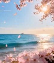  海边绽放的樱花自然风光4856#竖屏 	 