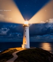  海边夜空下的灯塔全景6180#竖屏 	 