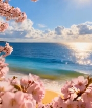  海边樱花自然风光3409#竖屏 	 