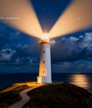  海边夜空下的灯塔全景6180#竖屏 	 