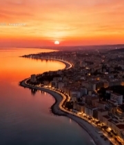  海滨城市日落航拍全景3017#竖屏 	 