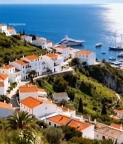  海边小镇与停泊游艇景观7674#竖屏 	 