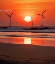  海边日落风力发电机景观321#竖屏 	 