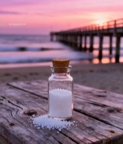  海边木桌玻璃瓶与日落景象7353#竖屏 	 