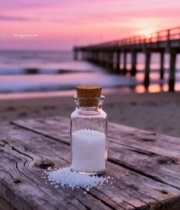  海边木桌玻璃瓶与日落景象7353#竖屏 	 