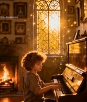  孩童在古典房间内弹奏钢琴445#竖屏 	 