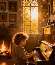 孩童在古典房间内弹奏钢琴445#竖屏 	 