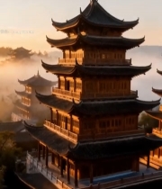  古风古建筑清晨全景7881#竖屏 	 