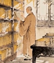  古代僧人书房中翻阅古书1046#竖屏 	 