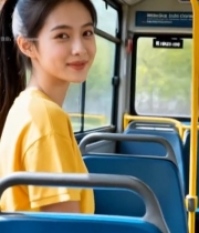  公交车上微笑的年轻女子6703#竖屏 	 
