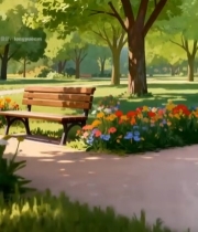  公园长椅旁的多彩花卉绿植景观3949#竖屏 	 