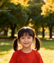  公园中穿红衣微笑的小女孩1374#竖屏 	 