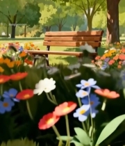  公园长椅旁的花草树木景观7876#竖屏 	 