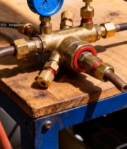  工作台上的黄铜阀门与压力表4338#竖屏 	 