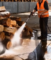  工人在工厂清洗木材6054#竖屏 	 