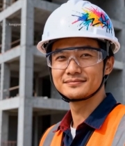  工地戴涂鸦安全帽的工作人员4201#竖屏 	 