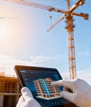  工地人员手持平板查看建筑模型7192#竖屏 	 