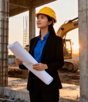  工地女工程师手持图纸眺望6651#竖屏 	 