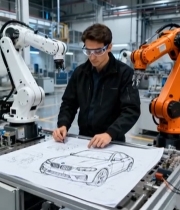  工厂内工人绘制汽车草图5325#竖屏 	 