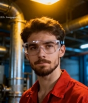  工厂内穿红衣戴护目镜的男子7700#竖屏 	 