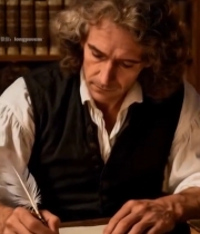  复古装扮男子桌前持羽毛笔书写7841#竖屏 	 