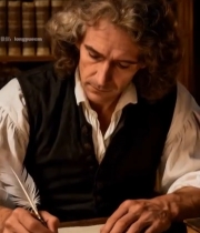  复古装扮男子桌前持羽毛笔书写7841#竖屏 	 