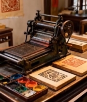  复古印刷机及木刻版画素材5896#竖屏 	 